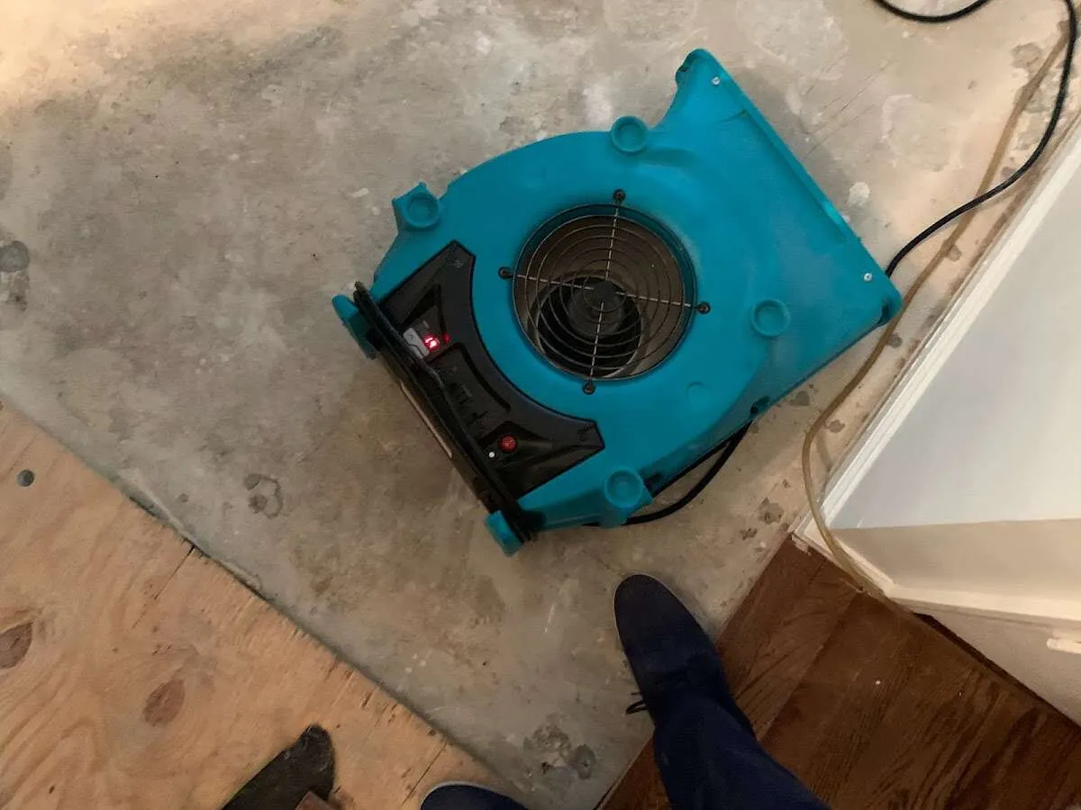 Air mover drying subfloor during Commercial Water Damage Restoration in Pittsford